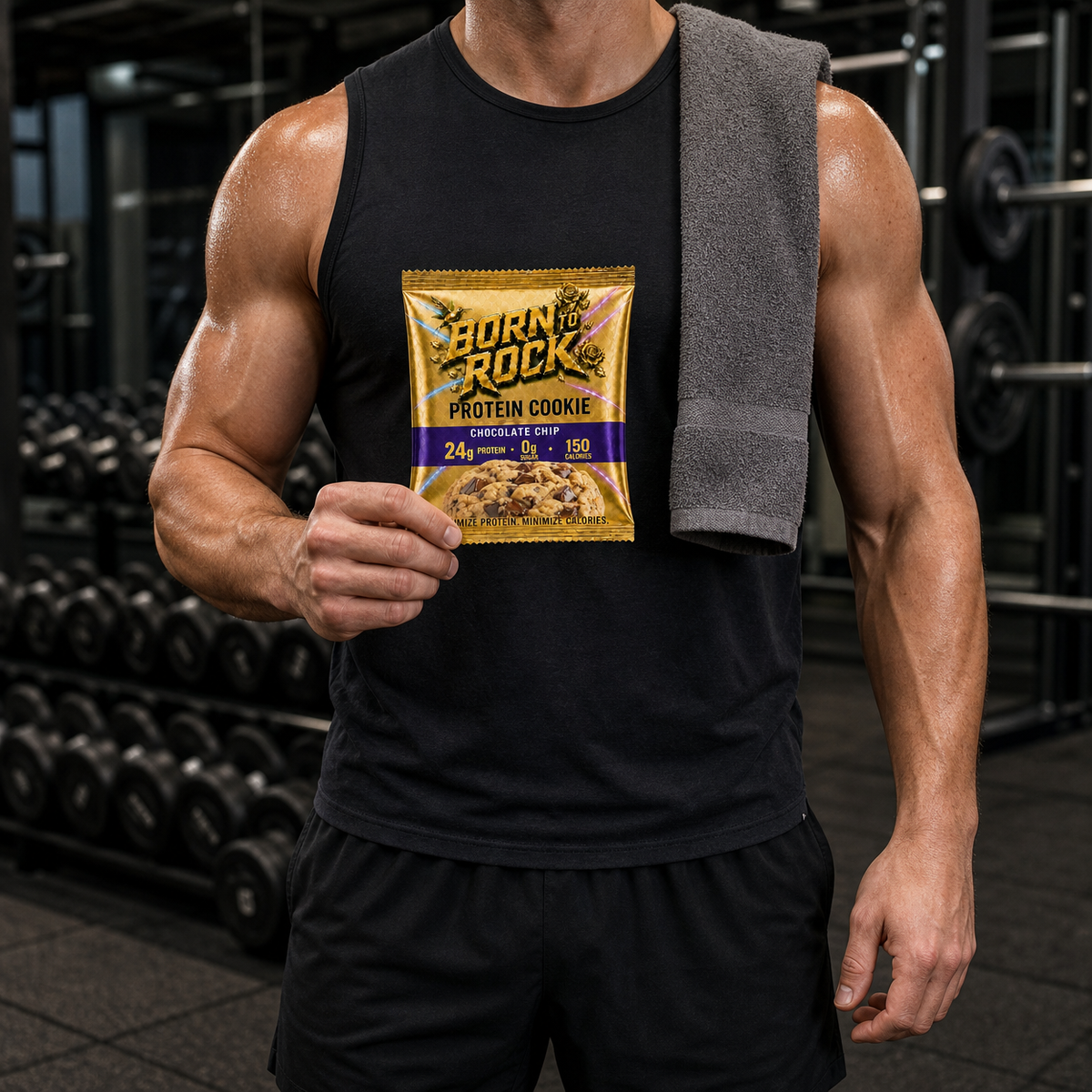 Muscular man in the gym holding a Born To Rock Protein Cookie