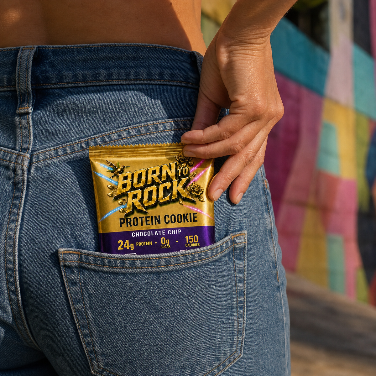 Born To Rock Protein Cookie slipped into a jeans back pocket