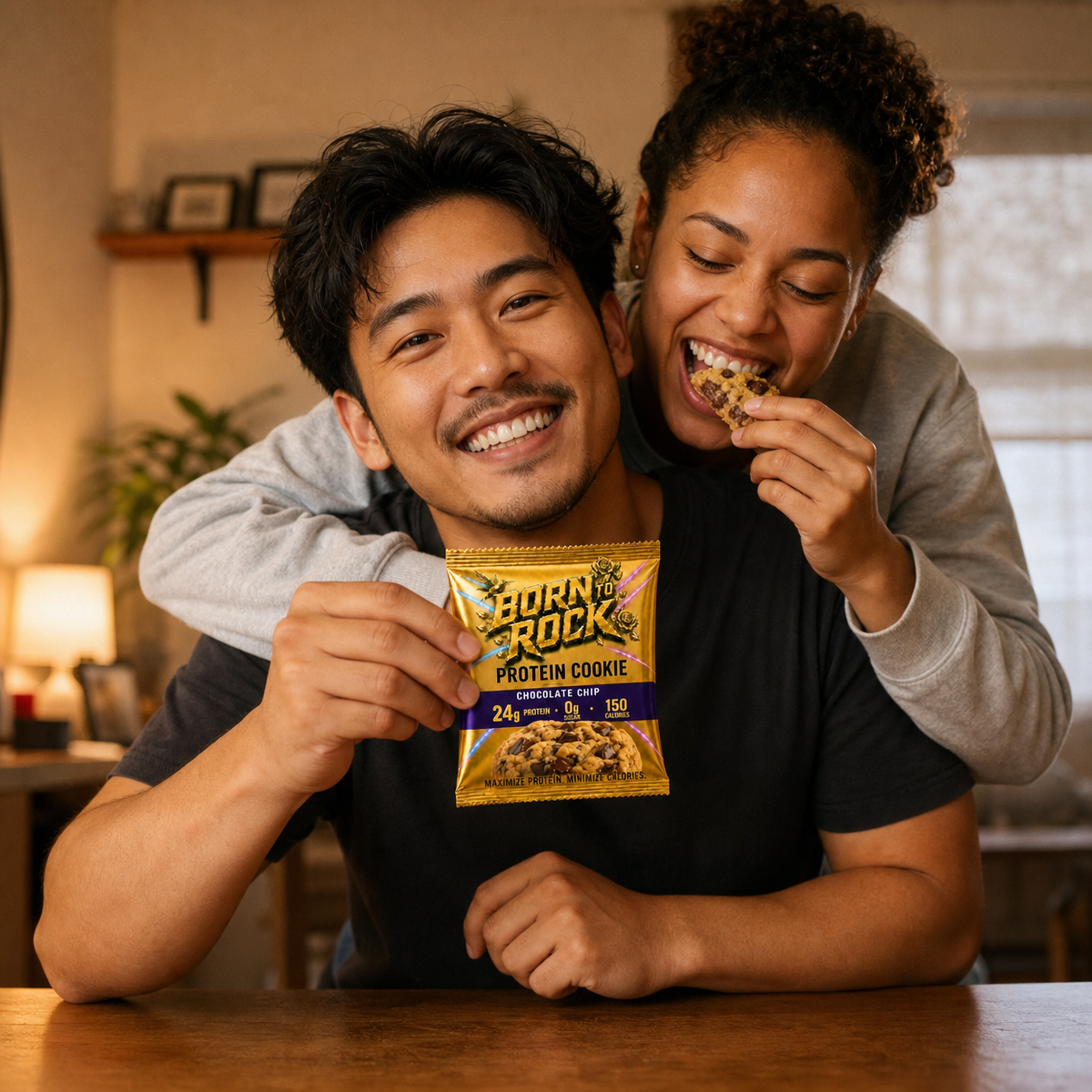 Sharing a Born To Rock Protein Cookie at a table