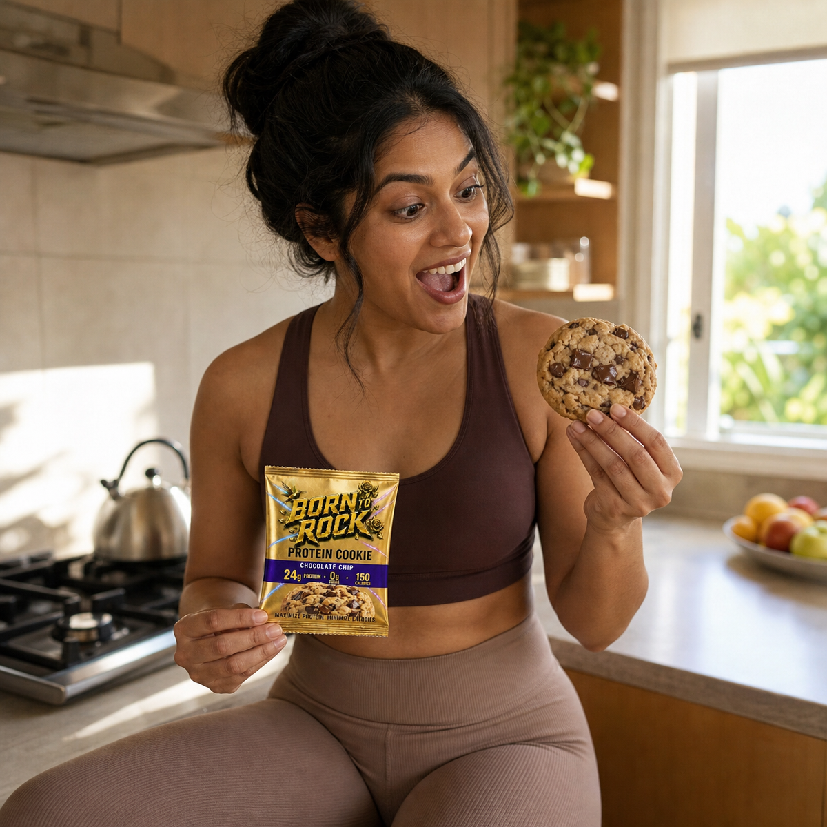Delighted reaction to the soft chocolate chip cookie in a kitchen