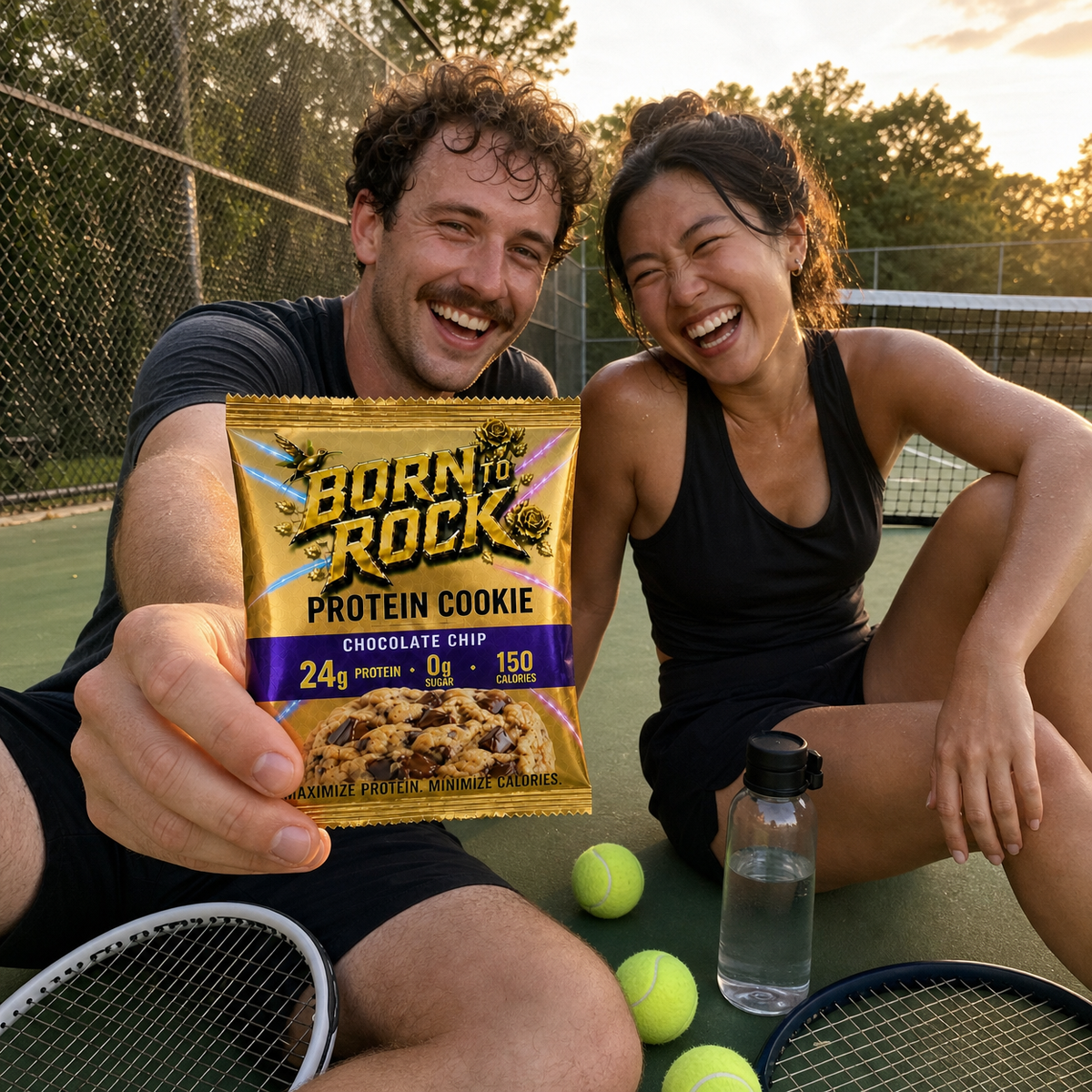 Courtside after tennis with a Born To Rock Protein Cookie