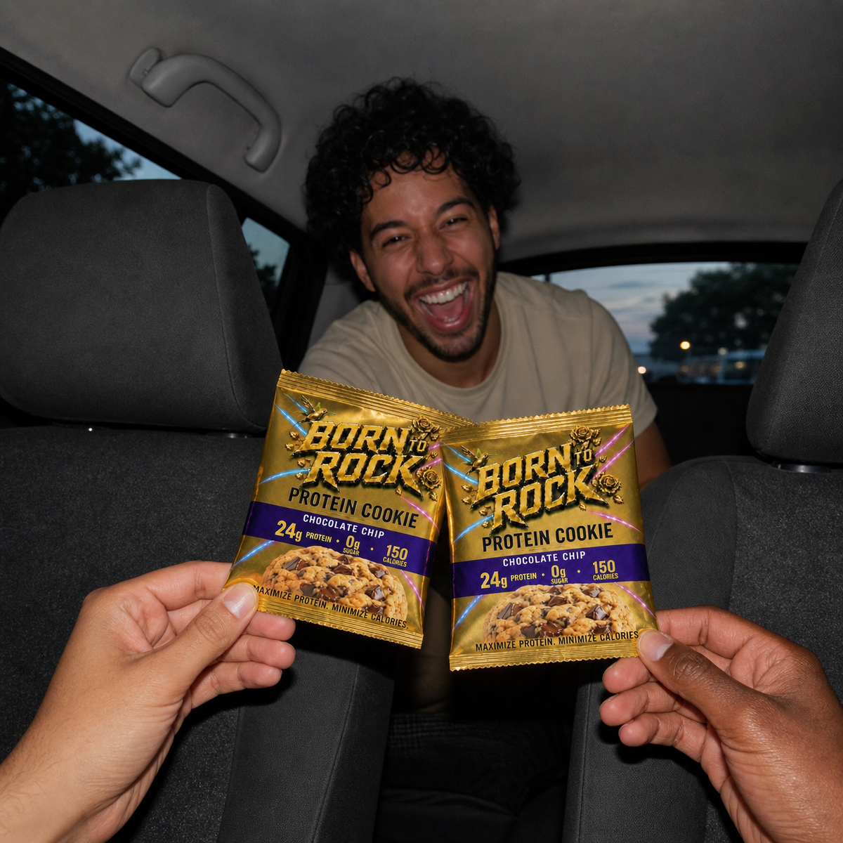 Two packs tapped together in a playful cheers in the car