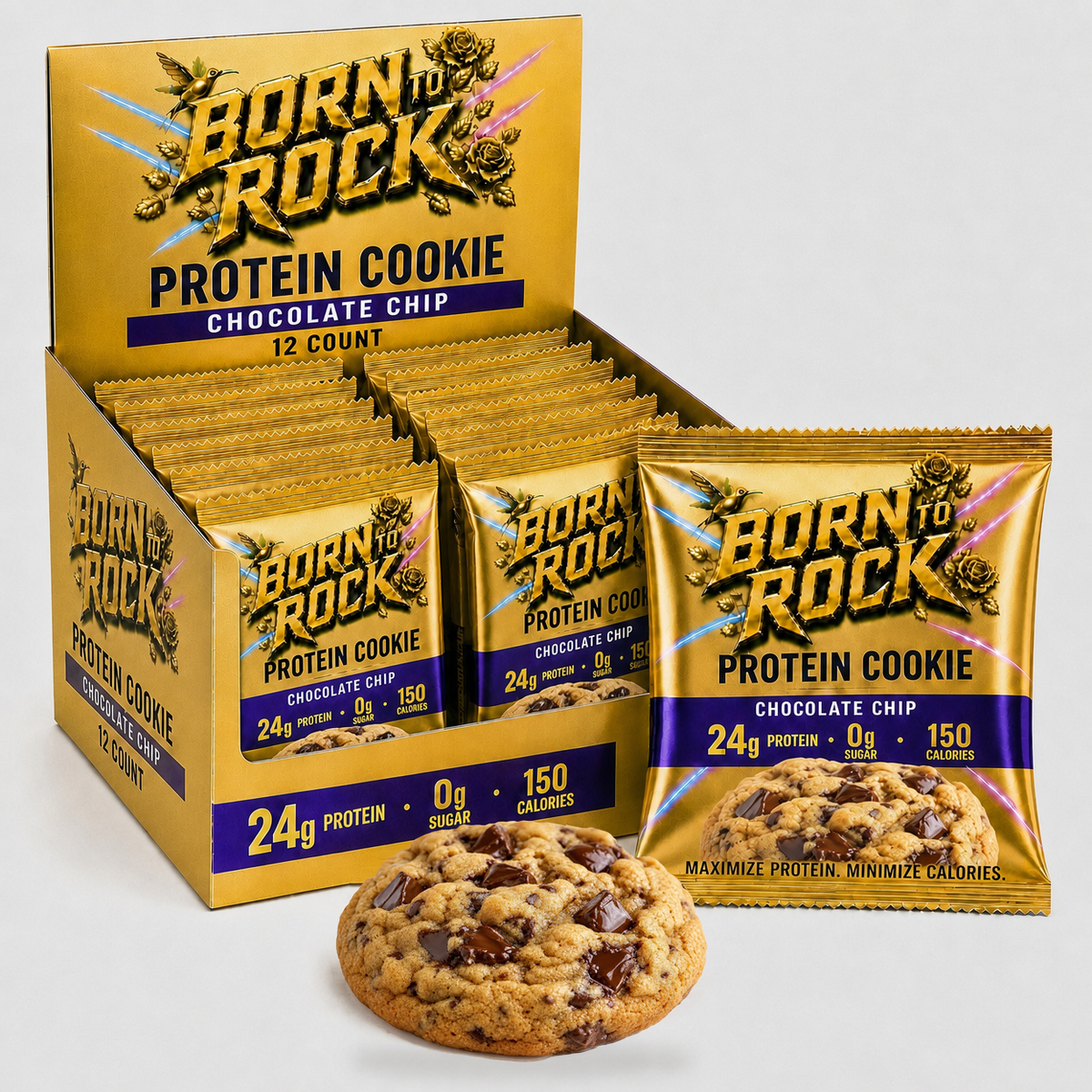 Born To Rock Protein Cookie 12-count display box with wrapped pack and cookie