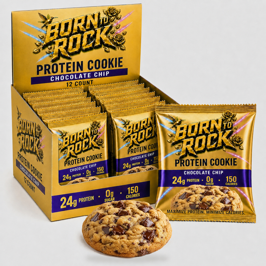 Born To Rock Protein Cookie 12-count display box with wrapped pack and cookie
