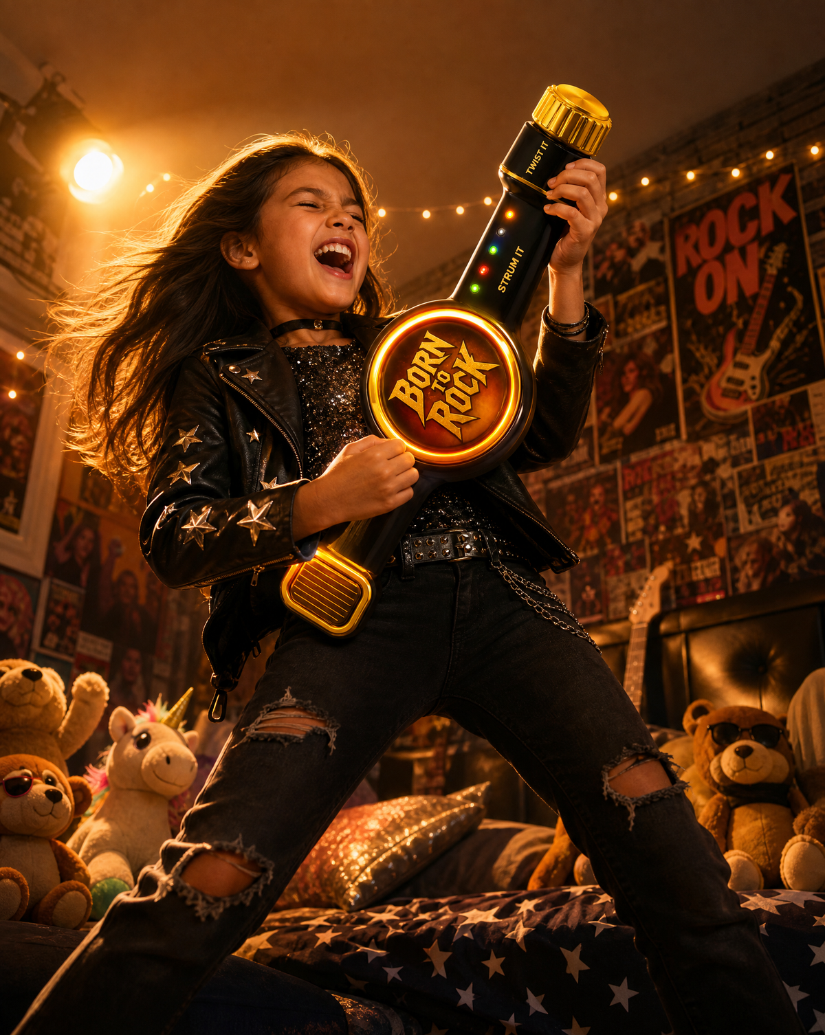 Girl rocking out with Strum It! Twist It! on her bedroom stage