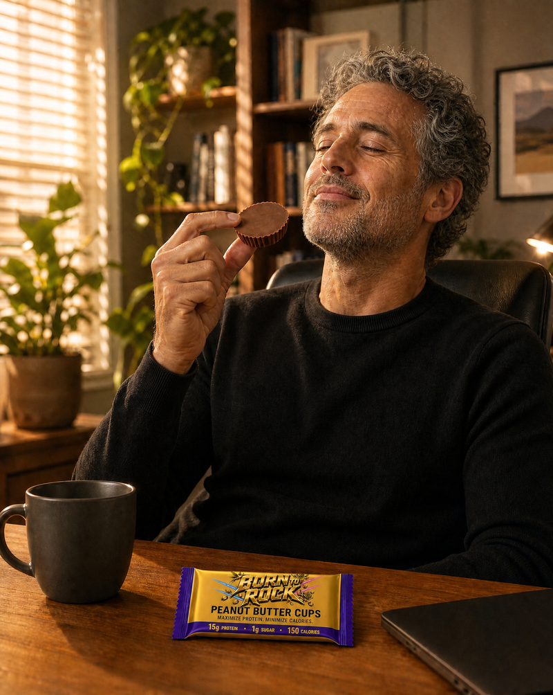 A man at a home desk savouring a peanut butter cup, the wrapped pack and a mug beside him