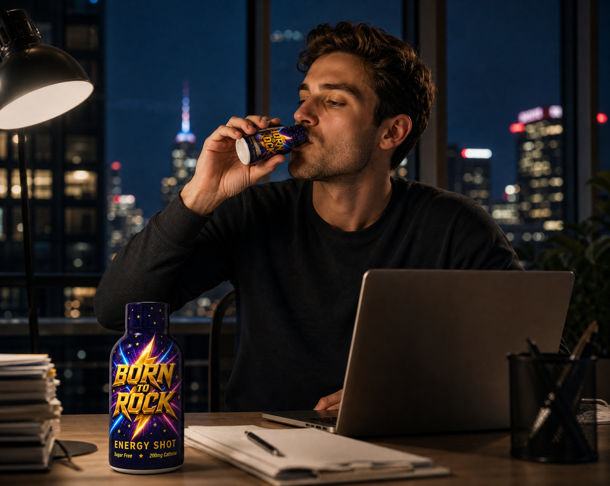 Energy Shot late night desk lifestyle
